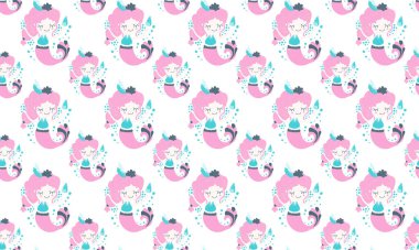 Pembe saçlı, deniz kabukları ve baloncuk patlamalarıyla neşeyle zıplayan büyüleyici, sevimli küçük denizkızı desenleri. İskandinav tarzında dijital kağıt. Vektör.