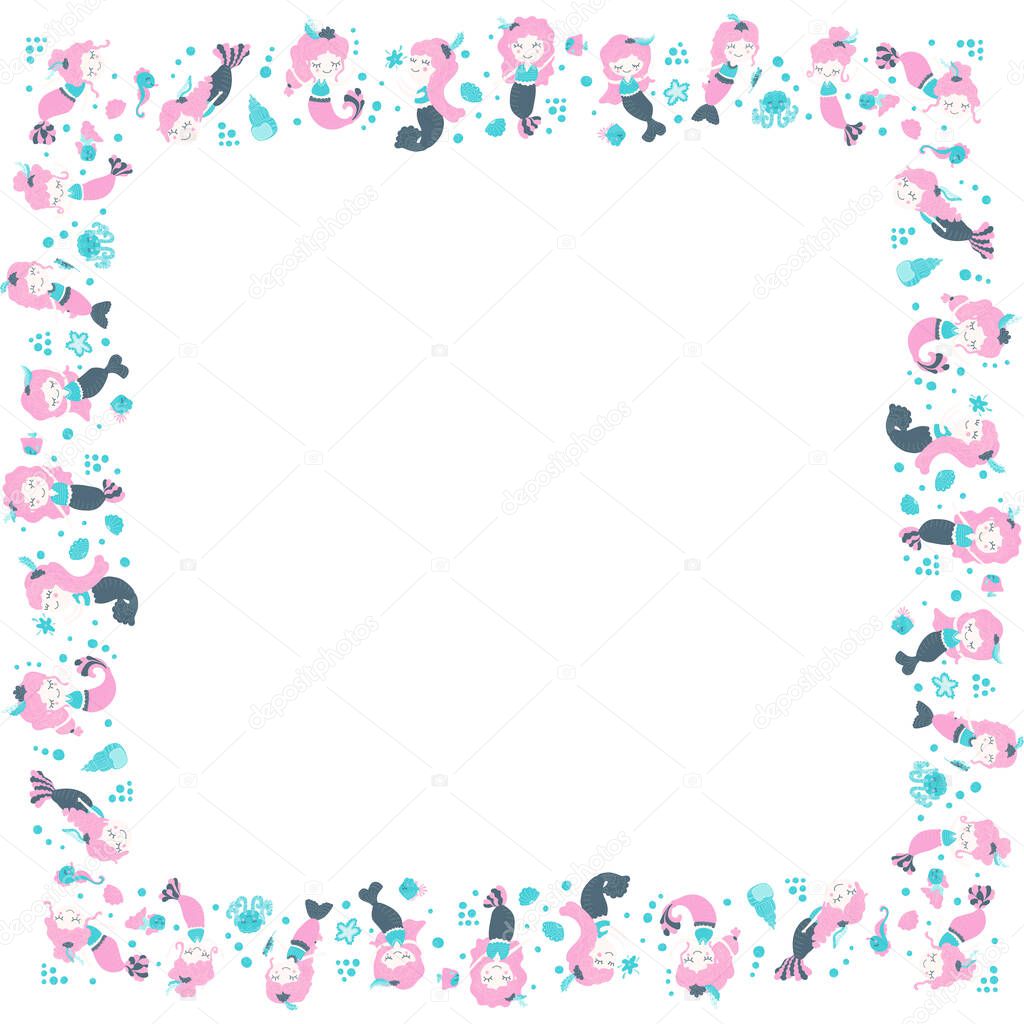 Childish square frame of little cute funny cartoon mermaids girls, octopuses, seahorses, fish, shells and bubbles on a white background. Fabulous underwater world. Copy space. Vector.