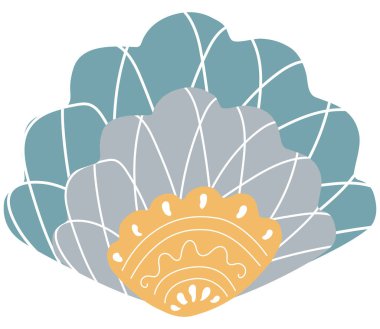 İskandinav tarzında, beyaz arka planda süslemeleri olan çok renkli deniz kabuğu. İzole edilmiş deniz ve okyanus dekoratif tasarım elemanı ve logosu. Vektör.