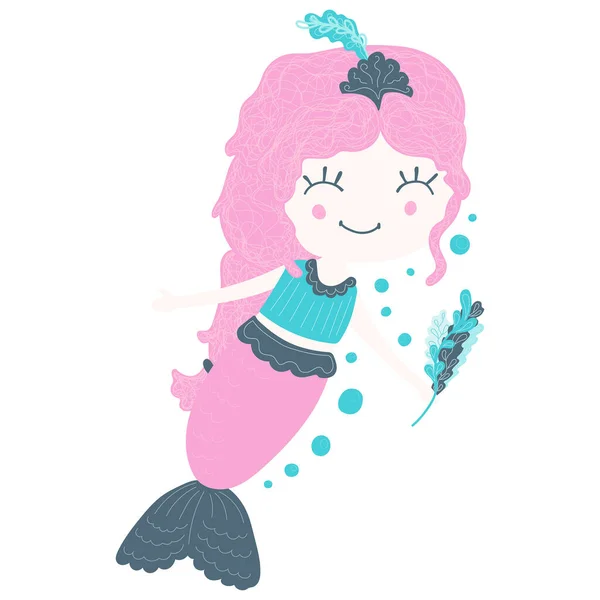 Children Illustration Cartoon Beautiful Little Cheerful Girl Mermaid Pink Hair — Stock Vector