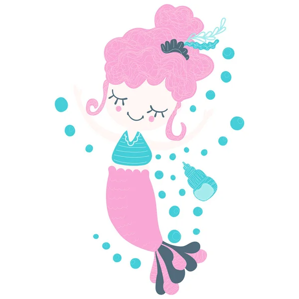 Ilustrace Usmívající Karikatury Mořská Panna Dívka Skořápka Bubliny Bílém Pozadí — Stockový vektor