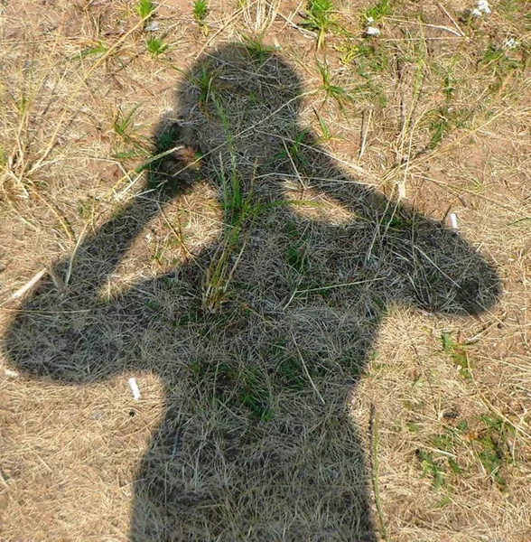 The shadow of a man with a camera on a hot summer day against the background of grass faded under the scorching rays of the sun and cigarette butts left resting. The problem of ecology and waste