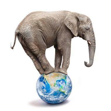 Afrika fili - bir mavi gezegen veya küre üzerinde dengeleme Loxodonta africana. Ekoloji metafor.
