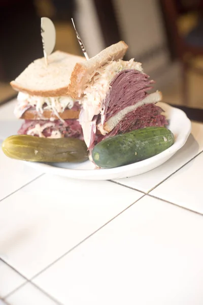 Kosher Deli Combination Sandwich Pastrami Corned Beef Tongue Cole Slaw — Stock Photo, Image