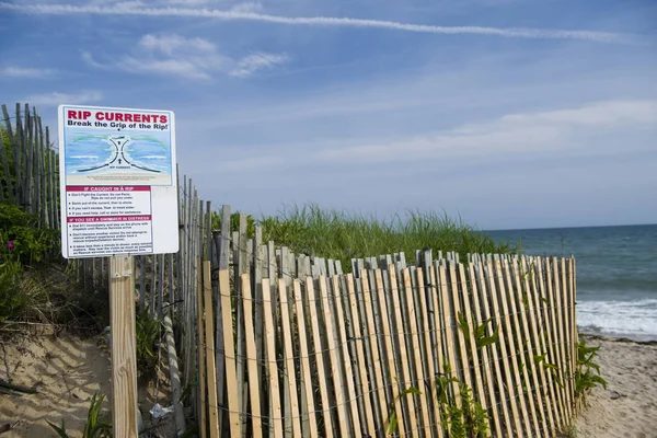 Ditch Plains beach entry Montauk Long Island New York in the Hamptons with rip current warning sign