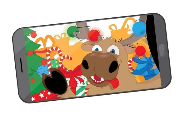 Vector Cartoon Representing Funny Reindeer Taking Himself Selfie Posing Santa Vector Graphics
