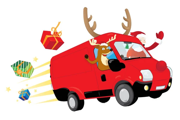代表现代圣诞驯鹿和有趣的圣诞老人的矢量卡通 驾驶着一辆快速的红色面包车 有鹿角和一个红色的大鼻子 送礼物 在天空中飞翔 — 图库矢量图片