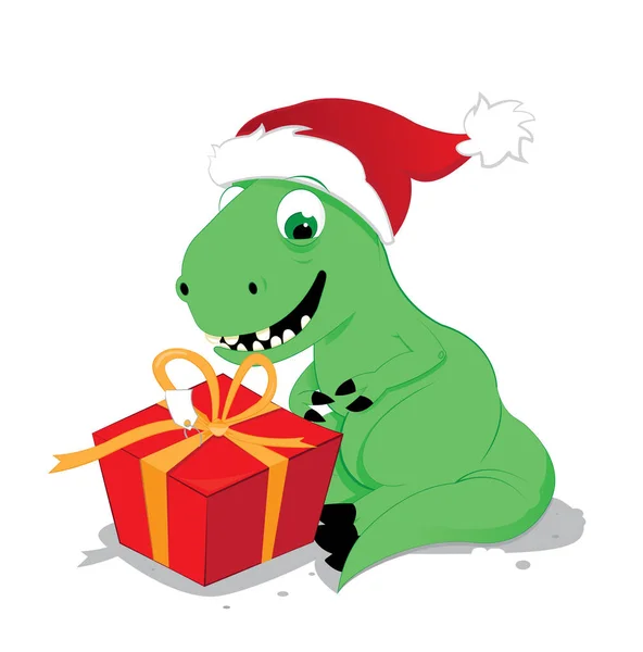 一个矢量卡通代表一个可爱的和有趣的惊讶的小恐龙坐在地板上 看着一个包裹的圣诞礼物 免版税图库插图