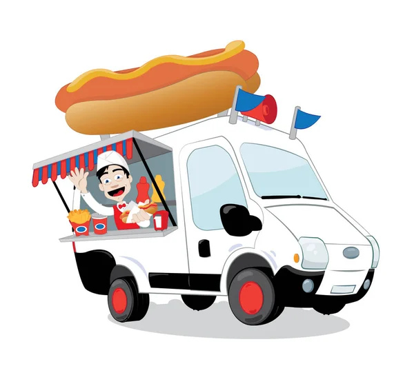 Vektor Kreslené Představující Legrační Hot Dog Van Zaparkoval Otevřený Přátelský Stock Ilustrace
