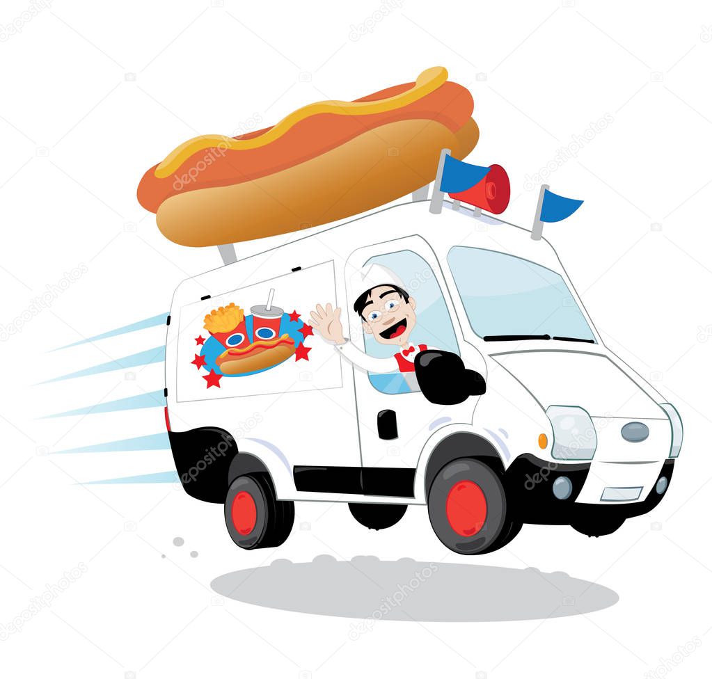 A vector cartoon representing a funny and decorated hot-dog van, with a hot dog and french fries logo, driven by a cheerful man cheering and smiling and wearing a white uniform with a hat and a papillon