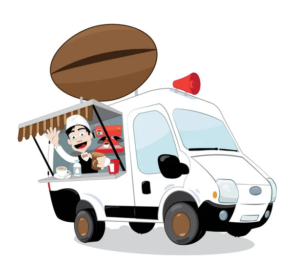 Векторная Карикатура Изображающая Смешной Украшенный Фургон Кофе Бобами Логотипом Кофейных Стоковый вектор