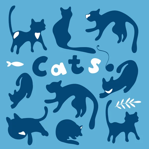 Blaue Katzen auf blauem Hintergrund. Silhouetten der Katzensammlung — Stockvektor