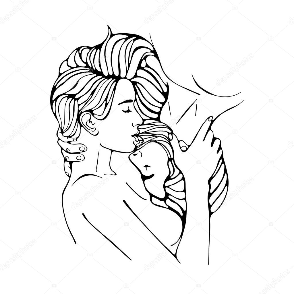 Romantic couple kissing upside down. Digital outline illustration
