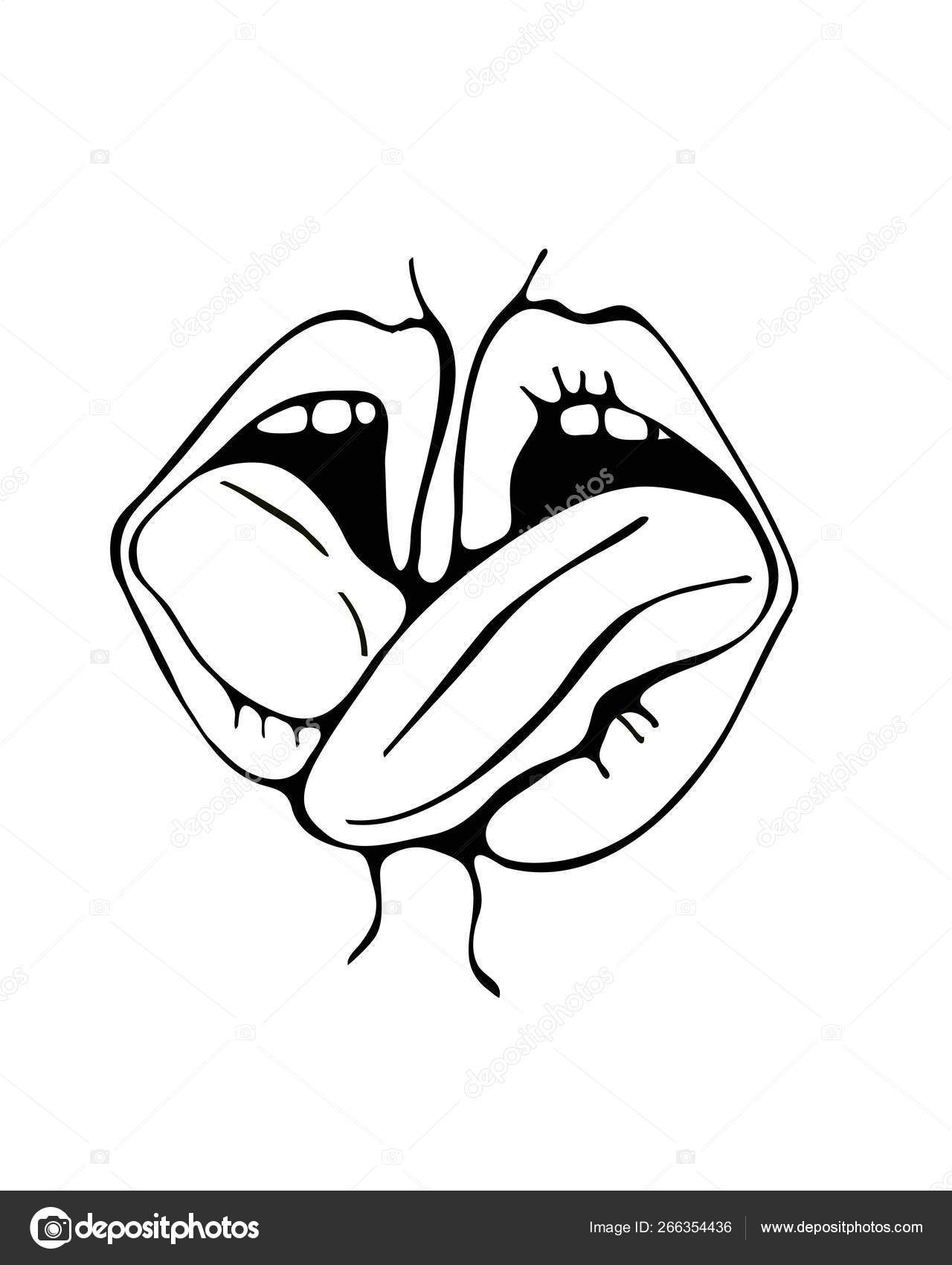 Lips kissing closeup. Digital illustration in black and white of two