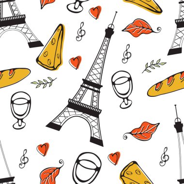 Paris kusursuz desen. Eyfel kulesi, şarap bardağı, baget ve diğer semboller bir şık arka plan