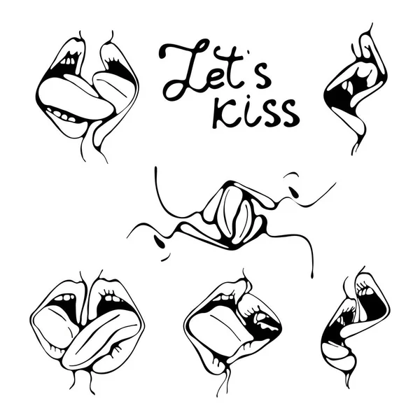 Küssen lassen. Lippen, die sich aus nächster Nähe küssen. Digitale Schwarz-Weiß-Illustration von zwei Mündern, die zu einem Kuss verbunden sind. — Stockvektor