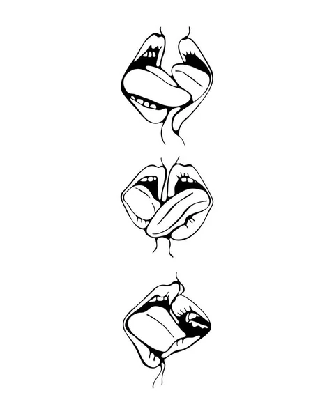 Губи цілуються крупним планом. Цифрова ілюстрація в чорно-білому з двох ротів приєдналася в поцілунок . Стокова Ілюстрація