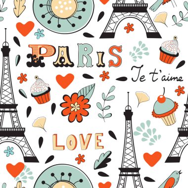 Paris kusursuz desen. Eyfel kulesi, şarap bardağı, baget ve diğer semboller bir şık arka plan.