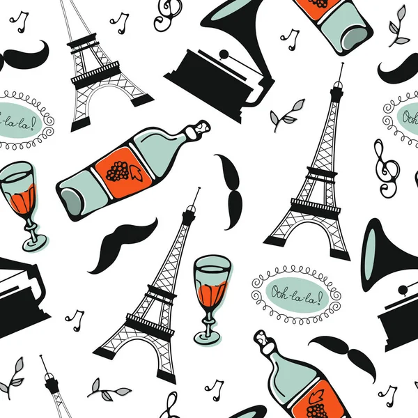 Padrão sem costura de Paris. Torre Eiffel, copo de vinho, baguete e outros símbolos em um fundo elegante . — Vetor de Stock