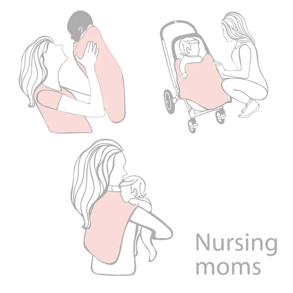 Ápolási mamák szép gyűjtemény. A szoptató anyák sziluettje — Stock Vector