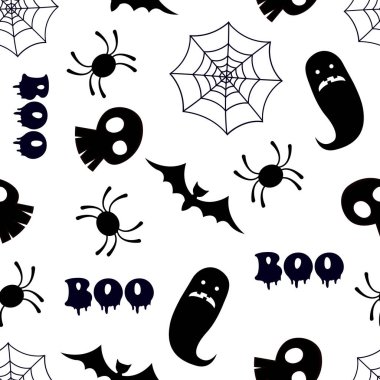 Yarasalar, cadılar, kafatasları gibi çeşitli Cadılar Bayramı ile ilgili semboller ile Halloween sorunsuz desen