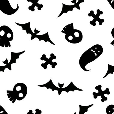 Yarasalar, cadılar, kafatasları gibi çeşitli Cadılar Bayramı ile ilgili semboller ile Halloween sorunsuz desen