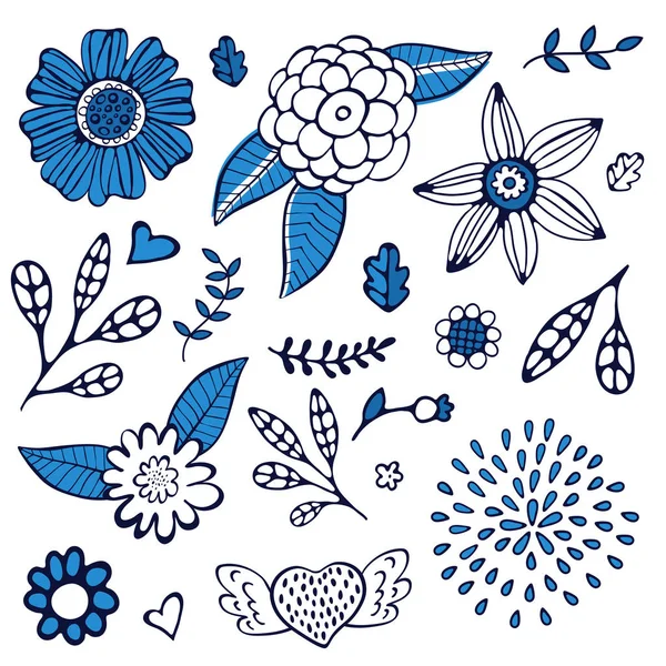 Kollektion floraler Designelemente in blauen Farben — Stockvektor