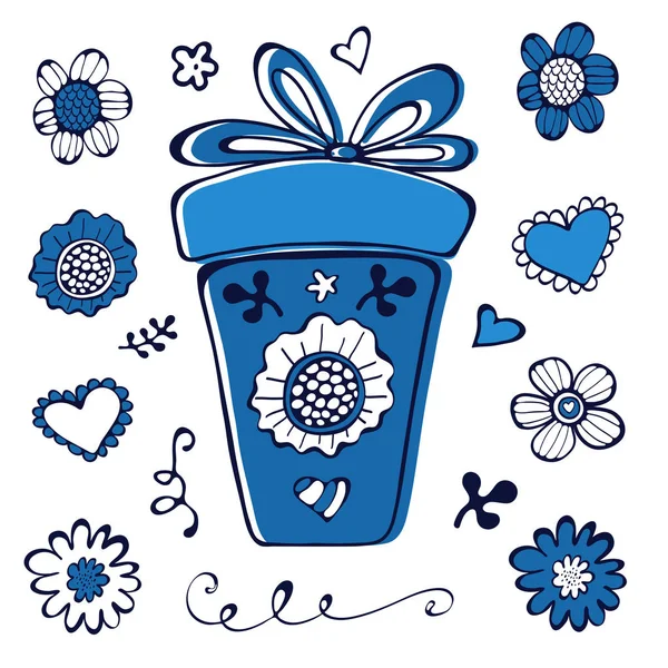 Pudełko upominkowe i kwiatowe elementy wystroju w niebieskich kolorach — Wektor stockowy