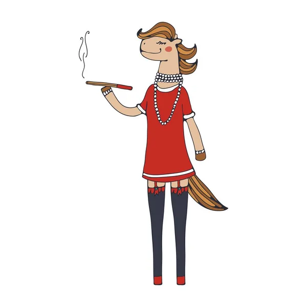 Zarif atlı kadın sigara içiyor. Karakter tasarımı illüstrasyon. Vektör Grafikler