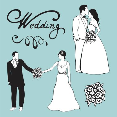 El ele gelin ve gromm el ele dijital illüstrasyon çizilmiş. Düğün illüstrasyon