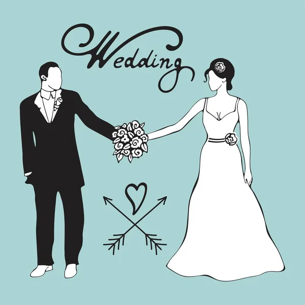 Illustrazione digitale disegnata a mano di sposa e gromm che si tengono per mano. Illustrazione matrimonio Vettoriali Stock Royalty Free