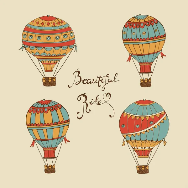 Mooie rit collectie van hete lucht ballonnen. Hand getekende digitale afbeelding met kleurrijke hete lucht ballon — Stockvector