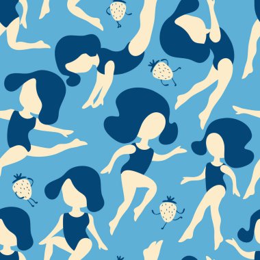 Kadın modeli. Klasik tarz kadın siluetleri ve çilekleri olan kusursuz bir desen.