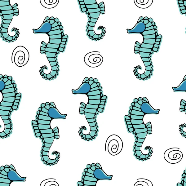 Motivo marino. Cavallucci marini modello senza soluzione di continuità nei colori blu — Vettoriale Stock