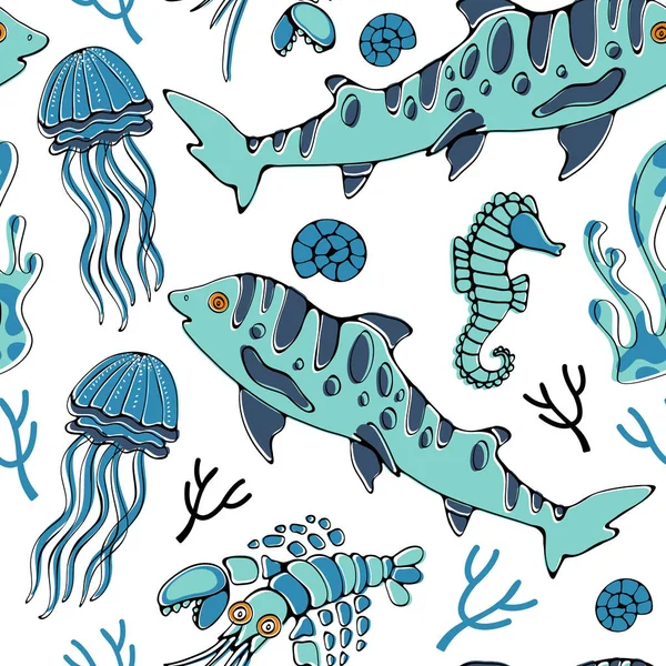 Vis patroon. Naadloos patroon met blauwe vissen. — Stockvector