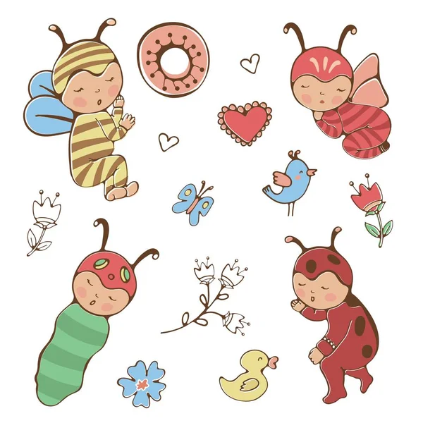 Babies set. Cute collection of babies dressed lke bugs — Stock Vector