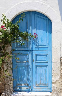 Bougainvillea çiçek Kastellorizo, Yunanistan ile mavi kapı