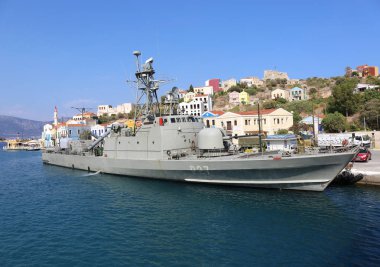 Kastellorizo, Yunanistan Port.August 10,2018, Yunanistan-Ağustos 10:Greek Donanması gemi Kastellorizo, demirledi.