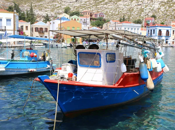 Greek Fishing Boats Tied Port Kastellorizo Greece — Stock Photo, Image