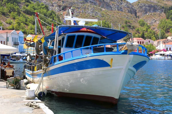 Kastellorizo Greece August Greek Fishing Boat Sea Food Restaurant Port — стоковое фото