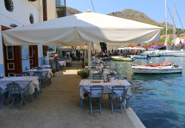 Kastellorizo Grécia Agosto Restaurante Frutos Mar Junto Mar Agosto 2018 — Fotografia de Stock