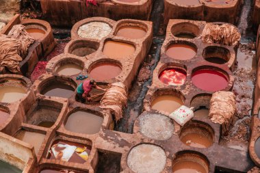 Fes'te eski medine'nin iç lerine bak, 2019 Nisan ayında Fas'ın Fes kentinde deri yapma yöntemleriyle çalışan işçilerle geleneksel ve eski bir tabakhane. 