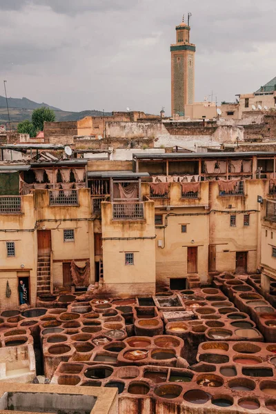 Vista Para Dentro Velha Medina Fes Curtume Tradicional Antigo Com — Fotografia de Stock