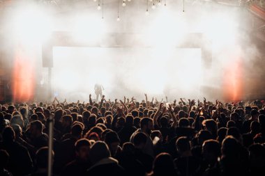 Barcelona 'da bir gece müzik gösterisinde dans eden bir kalabalık.