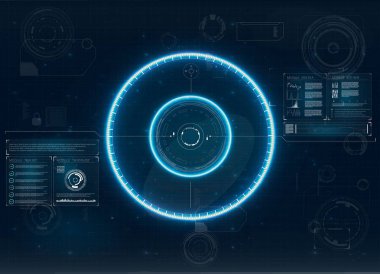 HUD. Simge. Fütüristik ekran hud konsepti. Dijital radar ekranı. HUD fütüristik öğesi. Futuristik bir arayüze öğesi. HUD UI. 