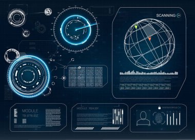 HUD. Modern koleksiyonu. Geleceğin teknolojisi ekran tasarımı. HUD teknoloji yenilik. Radar simgesi. HUD ayarlayın. HUD UI. 