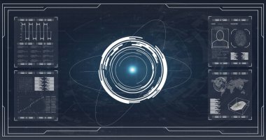  Mavi radar ekranı. Fütüristik soyut teknoloji arka plan yenilik kavramı vektör çizim. Web tasarım, geliştirme. HUD UI. 