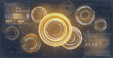 HUD ekran. Futuristik bir arayüze hud tasarım. HUD fütüristik şablonu. Fütüristik afiş. Fütüristik teknoloji hud ekran. Vektör çizim. HUD tasarım kümesi arabirimi.