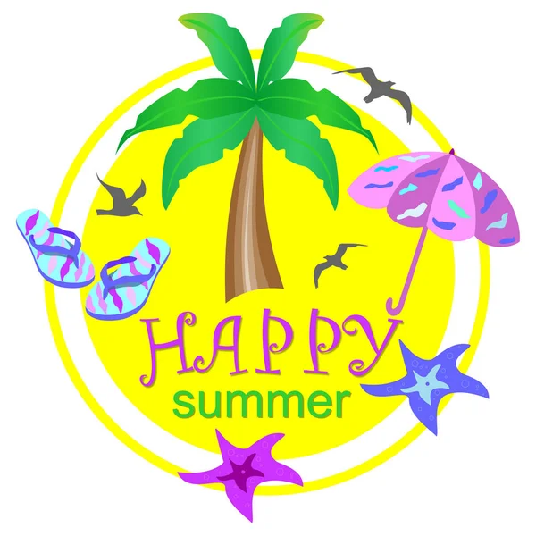 marine logo umbrella, sand and palm trees cartoon
