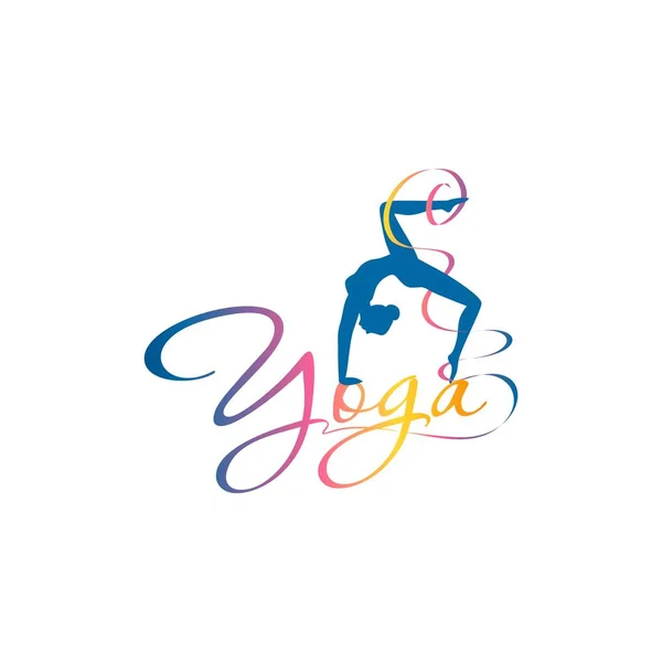 The logo for a company that teaches yoga, the silhouette of a girl standing in a pose with a curved back and curly inscription of the word \